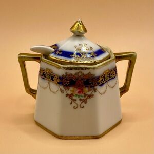 Antique NIPPON Hand-painted Mustard Pot Spoon Set-RC Green Mark (1906-1921) #633